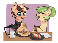 Size: 2866x2110 | Tagged: safe, artist:taytinabelle, oc, oc only, oc:melon bread, oc:mocha sprout, braid, bread, cafe, cake, cheesecake, clothes, coffee, cute, duo, ear fluff, food, fork, hair bun, hanging out, happy, high res, hoof hold, necktie, open mouth, simple background, smiling, strawberry, tongue out, uniform, unshorn fetlocks