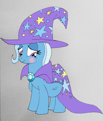 Size: 720x840 | Tagged: safe, artist:mj455, trixie, pony, unicorn, g4, belly, big belly, blushing, cape, clothes, cute, diatrixes, female, gem, hat, kicking, mare, pregnant, pregxie, smiling, trixie's cape, trixie's hat