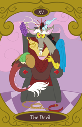 Size: 900x1400 | Tagged: safe, artist:sixes&sevens, discord, g4, chaos, collar, cup, discorded landscape, food, grapes, tarot card, teacup, the devil, throne