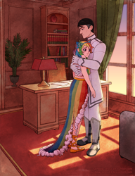 Size: 1800x2340 | Tagged: safe, artist:rainbow-zebra23, rainbow dash, human, fanfic:sapr, equestria girls, g4, blood, book, bookshelf, boots, bridesmaid dress, clothes, crossover, dress, eared humanization, evening, fanfic art, faunus, hug, humanized, james ironwood, lamp, military, office, plant, puffy cheeks, rwby, shadow, shoes, story included, torn clothes, uniform, violet eyes
