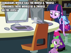 Size: 670x500 | Tagged: safe, artist:disciplethor, edit, edited screencap, screencap, spike, twilight sparkle, dog, equestria girls, g4, my little pony equestria girls, canada, canadian, computer, computer mouse, cropped, pronunciation, spike the dog