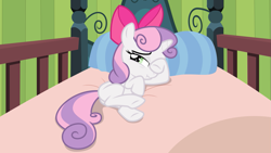 Size: 1550x876 | Tagged: safe, artist:sollace, derpibooru exclusive, sweetie belle, pony, unicorn, g4, somepony to watch over me, .svg available, accessory swap, apple bloom's bed, apple bloom's bow, bed, bow, butt, cute, diasweetes, female, hair bow, hoof over eye, looking at you, lying down, lying on bed, nervous, on bed, plot, raised hoof, scrunchy face, show accurate, sleepy, solo, svg, vector, wiping, wiping eye