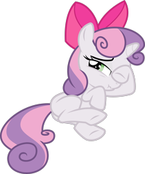 Size: 3000x3588 | Tagged: safe, artist:sollace, derpibooru exclusive, sweetie belle, pony, unicorn, g4, somepony to watch over me, .svg available, accessory swap, apple bloom's bow, bed, bow, butt, cute, diasweetes, female, filly, foal, hair bow, high res, hoof over eye, looking at you, lying down, lying on bed, nervous, on bed, plot, raised hoof, scrunchy face, show accurate, simple background, sleepy, solo, transparent background, vector, wiping, wiping eye
