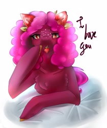 Size: 1812x2160 | Tagged: safe, artist:ellis_sunset, oc, oc only, earth pony, pony, chest fluff, earth pony oc, food, freckles, lying down, mouth hold, prone, solo, strawberry, talking