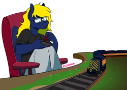 Size: 1178x834 | Tagged: safe, artist:redxbacon, oc, oc only, oc:naveen numbers, pegasus, anthro, chair, clothes, female, glasses, shirt, simple background, sitting, solo, t-shirt, toy train, train, white background