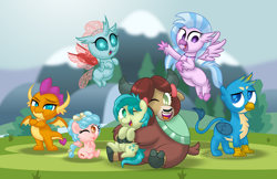 Size: 1920x1243 | Tagged: safe, artist:aleximusprime, cozy glow, gallus, ocellus, sandbar, silverstream, smolder, yona, changedling, changeling, dragon, earth pony, griffon, hippogriff, pegasus, pony, yak, g4, aleximusprime is trying to murder us, chibi, chubby, cozybetes, crossed arms, cute, diaocelles, diastreamies, female, floating wings, flying, gallabetes, hug, hug from behind, looking at each other, looking at you, male, one eye closed, one of these things is not like the others, sandabetes, ship:yonabar, shipping, smolderbetes, straight, student six, students, super deformed, wings, wink, yonadorable