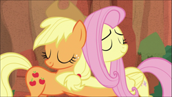 Size: 1283x722 | Tagged: safe, screencap, applejack, fluttershy, g4, sounds of silence, cropped, cute, eyes closed, female, hug, jackabetes, shyabetes, smiling
