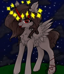 Size: 608x706 | Tagged: safe, artist:nel_liddell, oc, oc only, alicorn, pony, :p, alicorn oc, chest fluff, ear fluff, horn, night, outdoors, signature, solo, stars, tongue out, wings