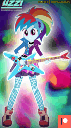 Size: 665x1200 | Tagged: safe, alternate version, artist:uzzi-ponydubberx, rainbow dash, equestria girls, friendship through the ages, g4, my little pony equestria girls: better together, my little pony equestria girls: rainbow rocks, alternate design, alternate hairstyle, animated, boots, clothes, female, friendship, guitar, jacket, long hair, long mane, looking at you, musical instrument, new version, pantyhose, patreon, patreon logo, piercing, ponied up, punk, shoes, short shirt, skirt, smiling, socks, solo, transformation, wings