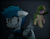 Size: 1156x900 | Tagged: safe, artist:takiza pie, oc, oc only, oc:sunberry, earth pony, pegasus, pony, pony town, bag, clothes, creepy, creepy smile, dark, fear, female, frown, frying pan, glowing eyes, imminent death, looking back, meta, mouth hold, nervous, saddle bag, scared, shirt, smiling, sweat, tail feathers, this will end in death, wide eyes
