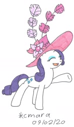 Size: 898x1523 | Tagged: safe, artist:cmara, rarity, pony, unicorn, g4, eyes closed, eyeshadow, female, giant hat, hat, makeup, mare, open mouth, raised hoof, simple background, solo, traditional art, white background