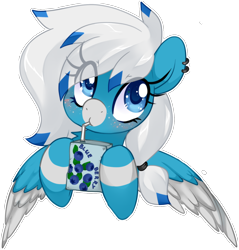 Size: 1524x1594 | Tagged: safe, artist:loyaldis, oc, oc only, oc:freezing blizzard, pegasus, pony, commission, cute, ear piercing, eye clipping through hair, female, highlights, juice, juice box, piercing, simple background, solo, transparent background, ych result