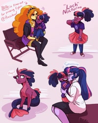 Size: 1920x2400 | Tagged: safe, artist:overlordneon, adagio dazzle, sci-twi, twilight sparkle, oc, oc:loch nocturne, half-siren, hybrid, pony, siren, unicorn, equestria girls, g4, adagilight, affection, boots, breasts, cleavage, clothes, converse, crying, curved horn, disguise, disguised siren, dress, female, fishnet stockings, glasses, hairband, hoodie, horn, hybrid oc, jacket, jeans, jewelry, kissing, knee-high boots, large voluminous hair, laughing, lesbian, magical lesbian spawn, messy mane, necklace, offspring, pants, parent:adagio dazzle, parent:sci-twi, parents:adagilight, parents:scitwidagio, ponytail, scitwidagio, shipping, shoes, siren oc, sneakers, spikes, thigh boots, time out