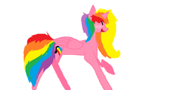 Size: 750x394 | Tagged: safe, artist:pawstheartest, oc, oc only, oc:rainbow melody, alicorn, pony, alicorn oc, eyes closed, horn, multicolored hair, rainbow hair, raised hoof, simple background, smiling, solo, white background, wings