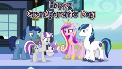 Size: 1280x720 | Tagged: safe, night light, princess cadance, princess flurry heart, shining armor, twilight velvet, g4, the crystalling, crystal empire, family, female, grandfather and grandchild, grandfather and granddaughter, grandmother and grandchild, grandmother and granddaughter, grandparents and grandchildren, grandparents day, male