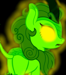 Size: 635x718 | Tagged: safe, artist:mellow91, edit, edited screencap, screencap, autumn blaze, oc, oc only, oc:the supreme being, kirin, g4, sounds of silence, black background, butt, glowing eyes, plot, possessed, simple background, solo, yellow eyes