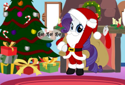 Size: 1024x691 | Tagged: artist needed, safe, rarity, pony, unicorn, g4, belt, bipedal, boots, candle, chimney, christmas, christmas stocking, christmas tree, clothes, costume, fake beard, female, fireplace, hat, ho ho ho, holiday, looking at you, mare, present, sack, santa beard, santa claus, santa costume, santa hat, santa sack, shoes, solo, tree, wreath