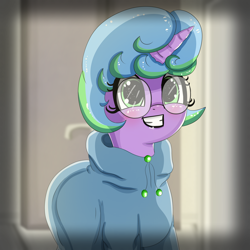 Size: 1400x1400 | Tagged: safe, artist:undisputed, oc, oc only, oc:lightheart trot, pony, unicorn, blushing, clothes, cute, female, glasses, mare, smiling, solo