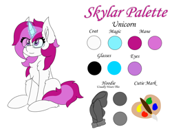 Size: 8000x6000 | Tagged: safe, artist:skylarpalette, oc, oc only, oc:skylar palette, pony, unicorn, cheek fluff, chest fluff, clothes, cute, cutie mark, ear fluff, female, fluffy, glasses, happy, hoodie, horn, looking up, magic, mare, pink mane, reference sheet, simple background, sitting, solo, unicorn oc, white background, white fur