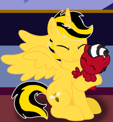 Size: 1088x1180 | Tagged: safe, artist:small-brooke1998, oc, alicorn, pegasus, pony, baby, baby pony, bumblebee (transformers), eyes closed, hug, ponified, shatter (transformers), smiling, transformers, younger