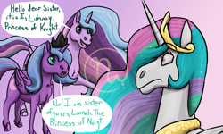 Size: 2000x1200 | Tagged: safe, artist:azurllinate, princess celestia, princess luna, alicorn, pony, g4, accessory, alternate design, colored pupils, confusion, cute, engrish, fake, fake luna, female, green eyes, height difference, hoers, impostor, jewelry, long mane, long tail, looking at each other, lunabetes, multicolored mane, multicolored tail, pink eyes, s1 luna, siblings, simple background, sisters, speech, speech bubble, standing, surprised, talking, teal eyes, tiara, wide eyes