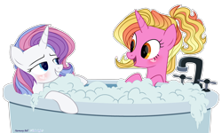 Size: 3096x1855 | Tagged: safe, artist:midnightmusic, luster dawn, potion nova, pony, unicorn, g4, g4.5, my little pony: pony life, the last problem, bath, bathtub, bedroom eyes, blushing, bubble, commission, cute, daaaaaaaaaaaw, female, grin, heart, lesbian, lidded eyes, lusterbetes, lusternova, mare, novabetes, open mouth, relaxed, relaxing, seductive, seductive look, sexy, shipping, simple background, smiling, stupid sexy potion nova, transparent background, water, ych result