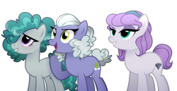 Size: 3756x1941 | Tagged: safe, artist:tired-horse-studios, limestone pie, marble pie, maud pie, earth pony, pony, g4, alternate cutie mark, alternate hairstyle, eyeshadow, female, grin, hairband, makeup, mare, open mouth, raised hoof, siblings, simple background, sisters, smiling, transparent background, when she smiles