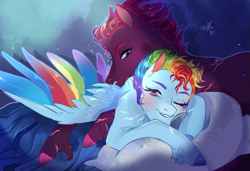 Size: 779x533 | Tagged: safe, artist:bunnari, rainbow dash, tempest shadow, pony, g4, bed, female, lesbian, one eye closed, pillow, shipping, tempestdash, waking up