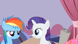 Size: 1366x768 | Tagged: safe, artist:agrol, rainbow dash, rarity, earth pony, pony, unicorn, g4, animation error, bedroom, duo, female, filly, filly rainbow dash, filly rarity, foal, frown, grin, just be me, looking at each other, missing cutie mark, missing wing, smiling, young