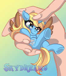 Size: 2359x2736 | Tagged: safe, artist:laragwada, oc, oc only, oc:skydreams, human, pony, unicorn, artificial wings, augmented, commission, female, flustered, hand, high res, in goliath's palm, mare, offscreen character, offscreen human, petting, smol, solo, wings, ych result