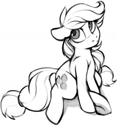 Size: 1726x1853 | Tagged: safe, artist:dimfann, applejack, earth pony, pony, g4, cute, female, grayscale, jackabetes, mare, monochrome, simple background, sitting, solo, white background