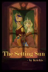 Size: 3600x5400 | Tagged: safe, artist:pasu-chan, sunset shimmer, oc, oc:brass badge, oc:golden lace, pony, unicorn, fanfic:the setting sun, series:who we become, g4, chair, clothes, fanfic, fanfic art, fanfic cover, female, filly, filly sunset shimmer, male, mare, oc x oc, painting, shadow, shipping, sitting, stallion, straight, sunset shimmer's parents, younger