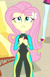Size: 672x1024 | Tagged: safe, artist:lekonar13, edit, edited screencap, screencap, fluttershy, equestria girls, g4, clothes, desperation, female, fluttershy's wetsuit, implied pissing, implied urine, implied wetting, need to pee, omorashi, peeing in wetsuit, potty emergency, potty time, story included, swimsuit, wetsuit