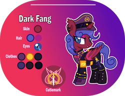 Size: 1400x1068 | Tagged: safe, artist:n0kkun, oc, oc only, oc:commander dark fang, alicorn, bat pony, bat pony alicorn, pony, alicorn oc, bat pony oc, bat wings, belt, boots, bowtie, clothes, coat, dagger, ear piercing, earring, eyeshadow, fangs, female, gloves, gradient background, hat, horn, jewelry, knife, makeup, mare, pants, piercing, reference sheet, shirt, shoes, solo, uniform, weapon, wings