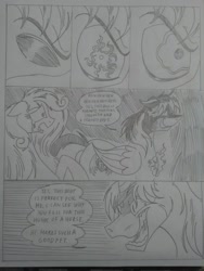 Size: 1944x2592 | Tagged: safe, artist:princebluemoon3, cosmos, oc, oc:king speedy hooves, oc:queen galaxia (bigonionbean), alicorn, pony, comic:the chaos within us, alicorn oc, black and white, canterlot, canterlot castle, castle, comic, commissioner:bigonionbean, crying, dialogue, eyes closed, female, fusion, fusion:big macintosh, fusion:flash sentry, fusion:princess cadance, fusion:princess celestia, fusion:princess luna, fusion:shining armor, fusion:trouble shoes, fusion:twilight sparkle, gem, grayscale, horn, husband and wife, jewelry, magic, male, mare, monochrome, possessed, possession, shocked, shocked expression, stallion, surprised, taken by surprise, tears of pain, traditional art, wings, writer:bigonionbean