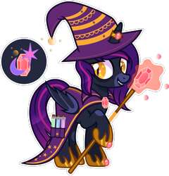 Size: 2000x2087 | Tagged: safe, artist:n0kkun, oc, oc only, oc:gloomy spirit (witch), alicorn, bat pony, bat pony alicorn, pony, alicorn oc, bags under eyes, bat pony oc, bat wings, beaker, cape, clothes, fangs, female, gem, glass, grin, hat, high res, hoof hold, hoof shoes, horn, horn ring, mare, markings, potion, ring, robe, simple background, smiling, solo, staff, transparent background, wings, witch, witch costume, witch hat