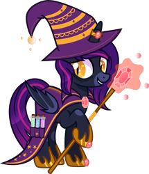Size: 4000x4653 | Tagged: safe, alternate version, artist:n0kkun, oc, oc only, oc:gloomy spirit (witch), alicorn, bat pony, bat pony alicorn, pony, alicorn oc, bags under eyes, bat pony oc, bat wings, beaker, cape, clothes, fangs, female, gem, glass, grin, hat, hoof hold, hoof shoes, horn, horn ring, mare, markings, potion, ring, robe, simple background, smiling, solo, staff, transparent background, wings, witch, witch costume, witch hat