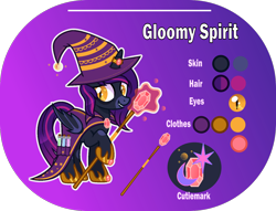 Size: 1400x1068 | Tagged: safe, artist:n0kkun, oc, oc only, oc:gloomy spirit (witch), alicorn, bat pony, bat pony alicorn, pony, alicorn oc, bags under eyes, bat pony oc, bat wings, beaker, cape, clothes, fangs, female, gem, glass, gradient background, grin, hat, hoof hold, hoof shoes, horn, horn ring, mare, markings, potion, reference sheet, ring, robe, smiling, solo, staff, wings, witch, witch costume, witch hat