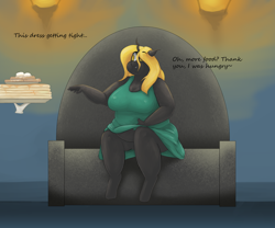 Size: 3000x2500 | Tagged: safe, artist:lupin quill, oc, oc:mirage, changeling, changeling queen, anthro, unguligrade anthro, series:fit for a queen (weight gain), bbw, belly, big belly, big breasts, bingo wings, breasts, busty oc, changeling oc, changeling queen oc, chubby, chubby cheeks, chunkling, clothes, dialogue, disembodied hand, double chin, dress, eyeshadow, fat, fat fetish, feeding, female, fetish, food, grin, hand, hand on belly, ice cream, magic, magic hands, makeup, open mouth, pancakes, sitting, smiling, syrup, throne, tight clothing, underhoof, waffle, weight gain, weight gain sequence, yellow changeling