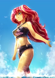 Size: 2893x4092 | Tagged: safe, artist:oberon826, sunset shimmer, equestria girls, g4, my little pony equestria girls: better together, beach shorts swimsuit, belly button, bikini, clothes, cloud, female, ocean, sky, sleeveless, solo, summer sunset, sunset shimmer's beach shorts swimsuit, swimsuit, water