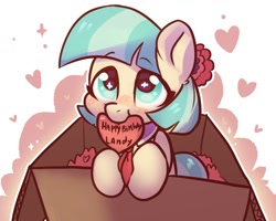 Size: 1280x1024 | Tagged: safe, artist:oofycolorful, coco pommel, earth pony, pony, g4, blushing, box, cocobetes, cute, female, happy birthday, heart, mare, mouth hold, pony in a box, simple background, solo, sparkly eyes, white background, wingding eyes