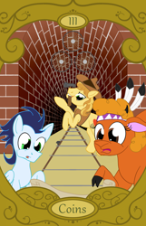 Size: 900x1400 | Tagged: safe, artist:sixes&sevens, braeburn, little strongheart, soarin', bison, buffalo, earth pony, pegasus, pony, g4, hammer, older, older little strongheart, railroad, tarot card, three of coins, three of diamonds, tunnel, wheel