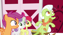 Size: 1920x1080 | Tagged: safe, screencap, apple bloom, granny smith, scootaloo, sweetie belle, g4, the big mac question, cutie mark, cutie mark crusaders, the cmc's cutie marks