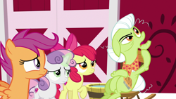 Size: 1920x1080 | Tagged: safe, screencap, apple bloom, granny smith, scootaloo, sweetie belle, g4, the big mac question, cutie mark, cutie mark crusaders, the cmc's cutie marks