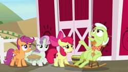 Size: 1920x1080 | Tagged: safe, screencap, apple bloom, granny smith, scootaloo, sweetie belle, g4, the big mac question, cutie mark, cutie mark crusaders, food, pie, the cmc's cutie marks