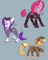 Size: 2199x2749 | Tagged: safe, artist:churoswdulc, applejack, king sombra, pinkie pie, rarity, earth pony, pony, unicorn, g4, alternate hairstyle, alternate timeline, apinkalypse pie, applecalypsejack, colored, crystal empire, crystal war timeline, female, high res, military, outfit, pinkamena diane pie, rarity the riveter, simple background