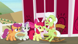 Size: 1920x1080 | Tagged: safe, screencap, apple bloom, granny smith, scootaloo, sweetie belle, g4, the big mac question, cutie mark, cutie mark crusaders, food, pie, the cmc's cutie marks