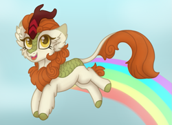 Size: 919x667 | Tagged: safe, artist:brendalobinha, autumn blaze, kirin, g4, sounds of silence, a kirin tale, female, leaping, mare, rainbow trail, sky, solo