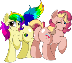 Size: 5900x5200 | Tagged: safe, artist:rainbowtashie, rainbow dash, oc, oc:rainbow tashie, oc:sunbutter cookies, earth pony, pony, unicorn, g4, :p, butt, commissioner:bigonionbean, cute, cutie mark, extra thicc, female, flank, fusion, fusion:pinkie pie, fusion:sunset shimmer, mare, plot, simple background, tongue out, transparent background, writer:bigonionbean