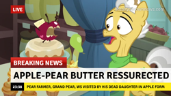 Size: 1280x720 | Tagged: safe, edit, edited screencap, screencap, grand pear, earth pony, pony, g4, the big mac question, apple, break your own news, breaking news, cake, cupcake, food, male, misspelling, solo, stallion